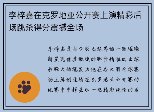 李梓嘉在克罗地亚公开赛上演精彩后场跳杀得分震撼全场